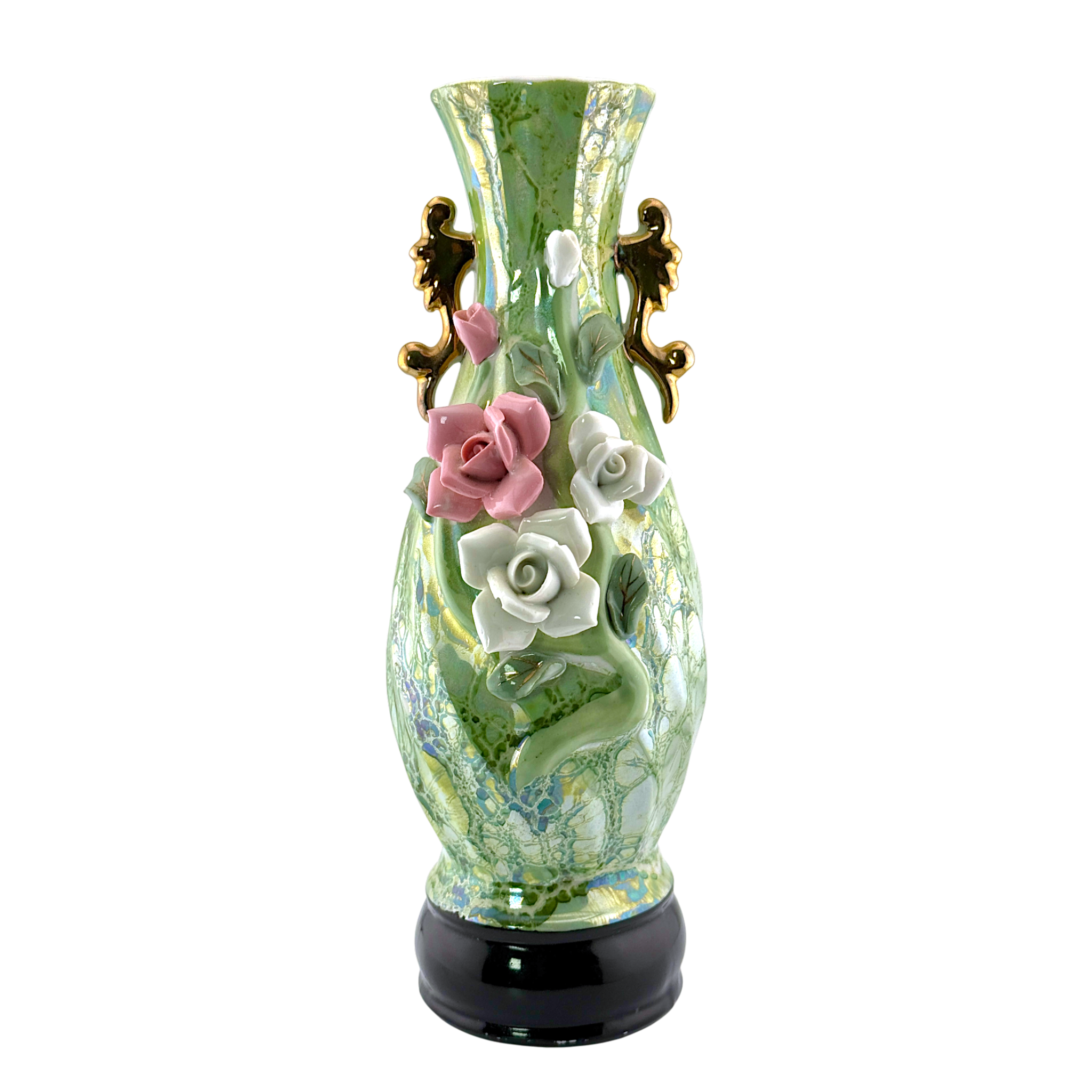 Vintage Green Luster Porcelain Vase with Raised Roses
