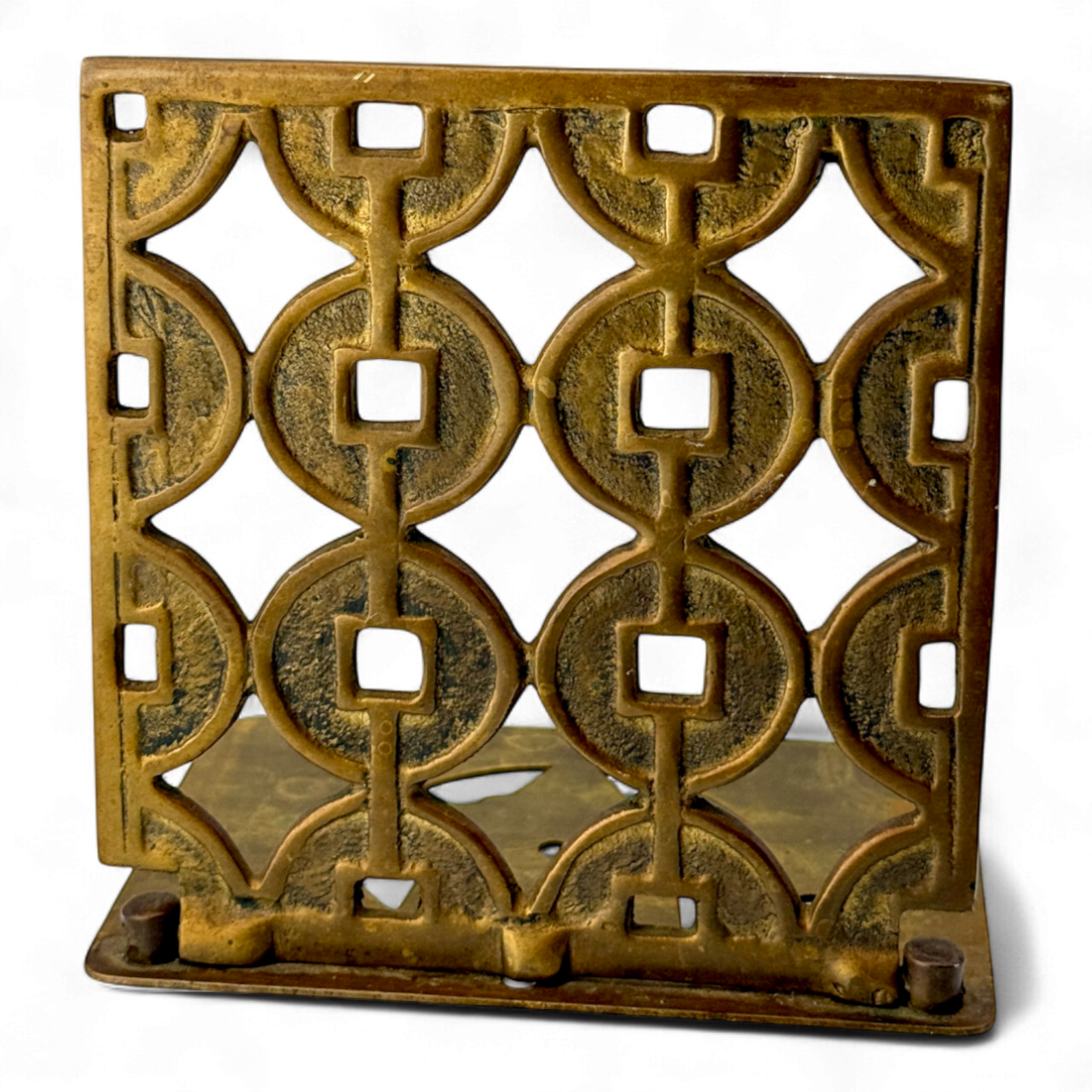 Brass Folding Bookends with Chinese Coin Lattice