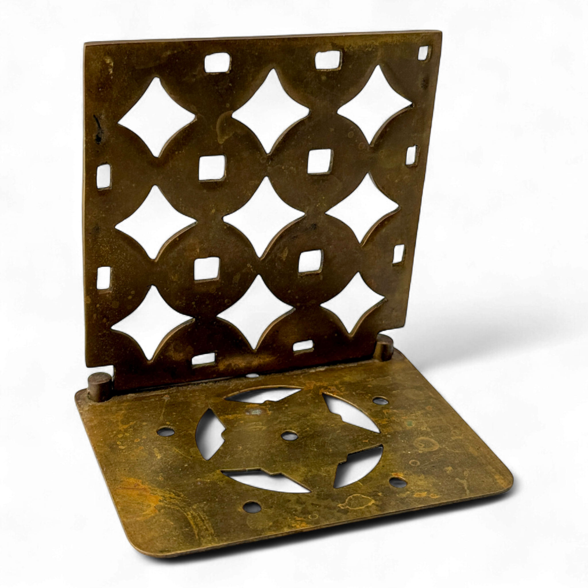 Brass Folding Bookends with Chinese Coin Lattice