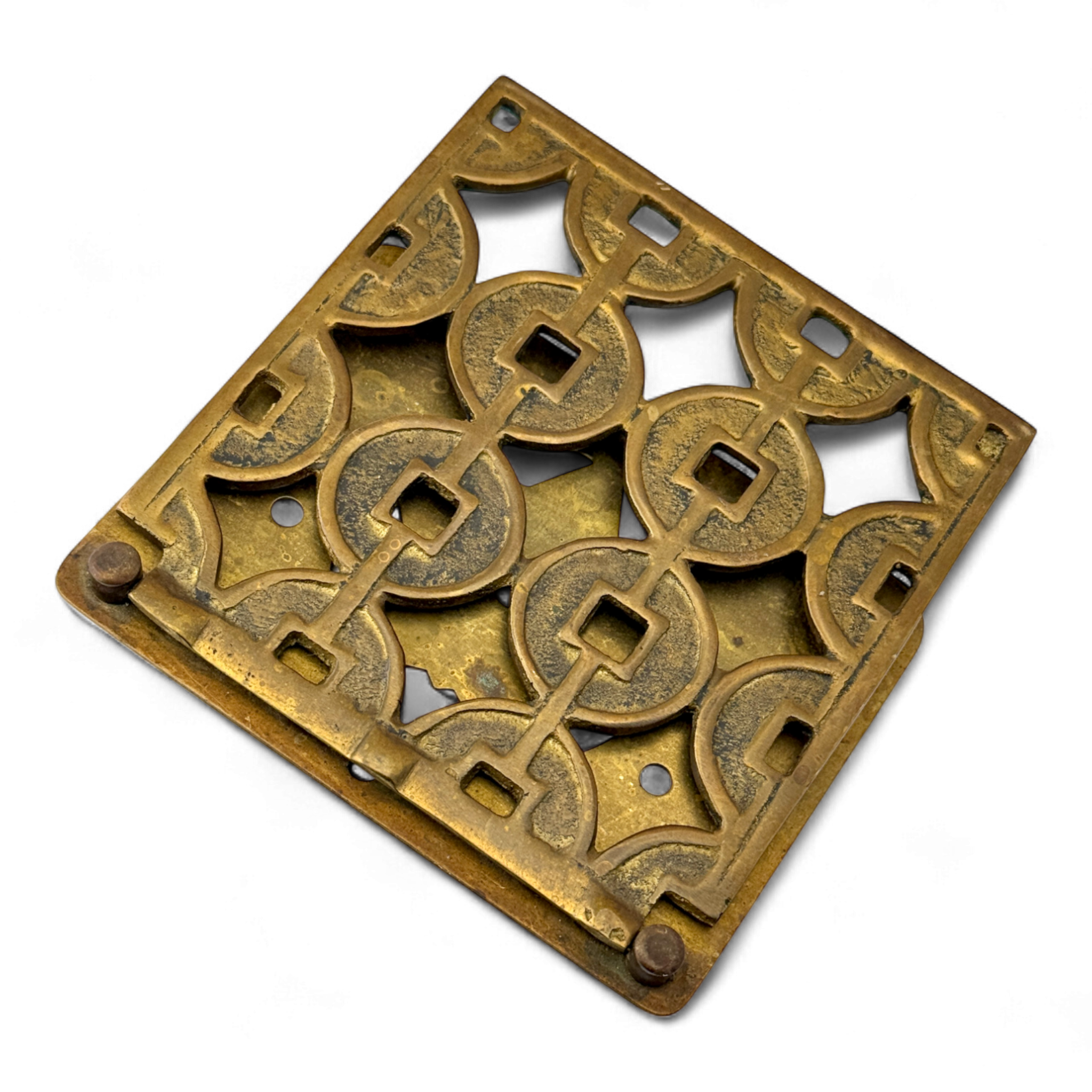 Brass Folding Bookends with Chinese Coin Lattice
