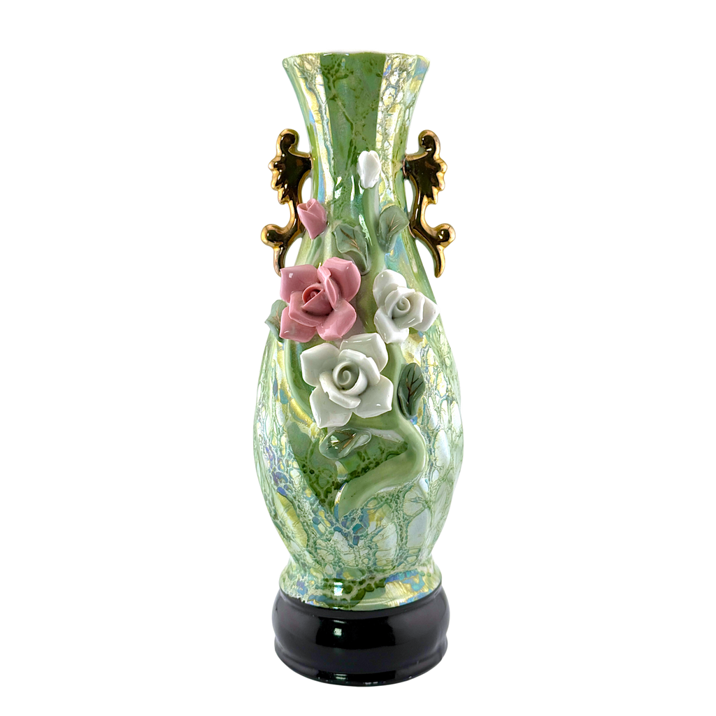 Vintage Green Luster Porcelain Vase with Raised Roses