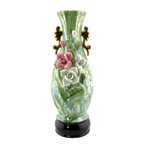 Vintage Green Luster Porcelain Vase with Raised Roses