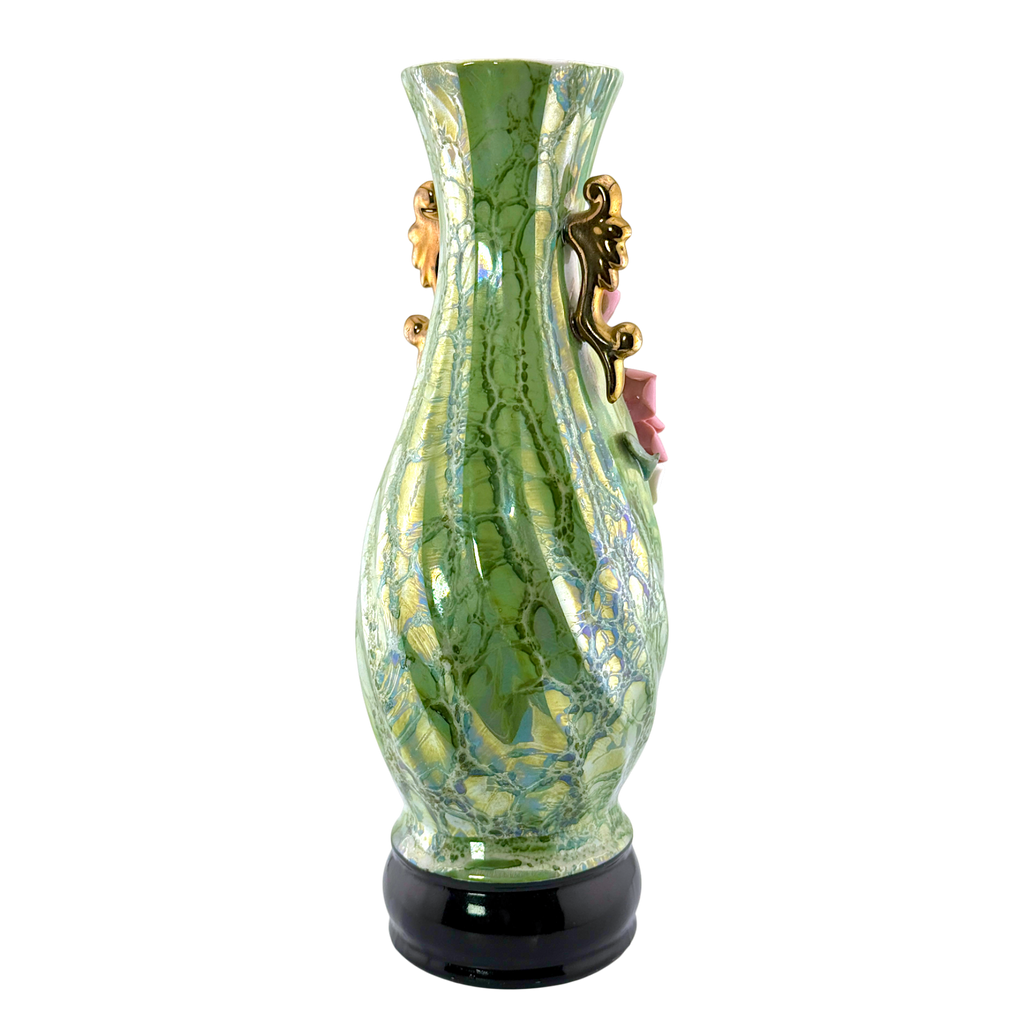 Vintage Green Luster Porcelain Vase with Raised Roses