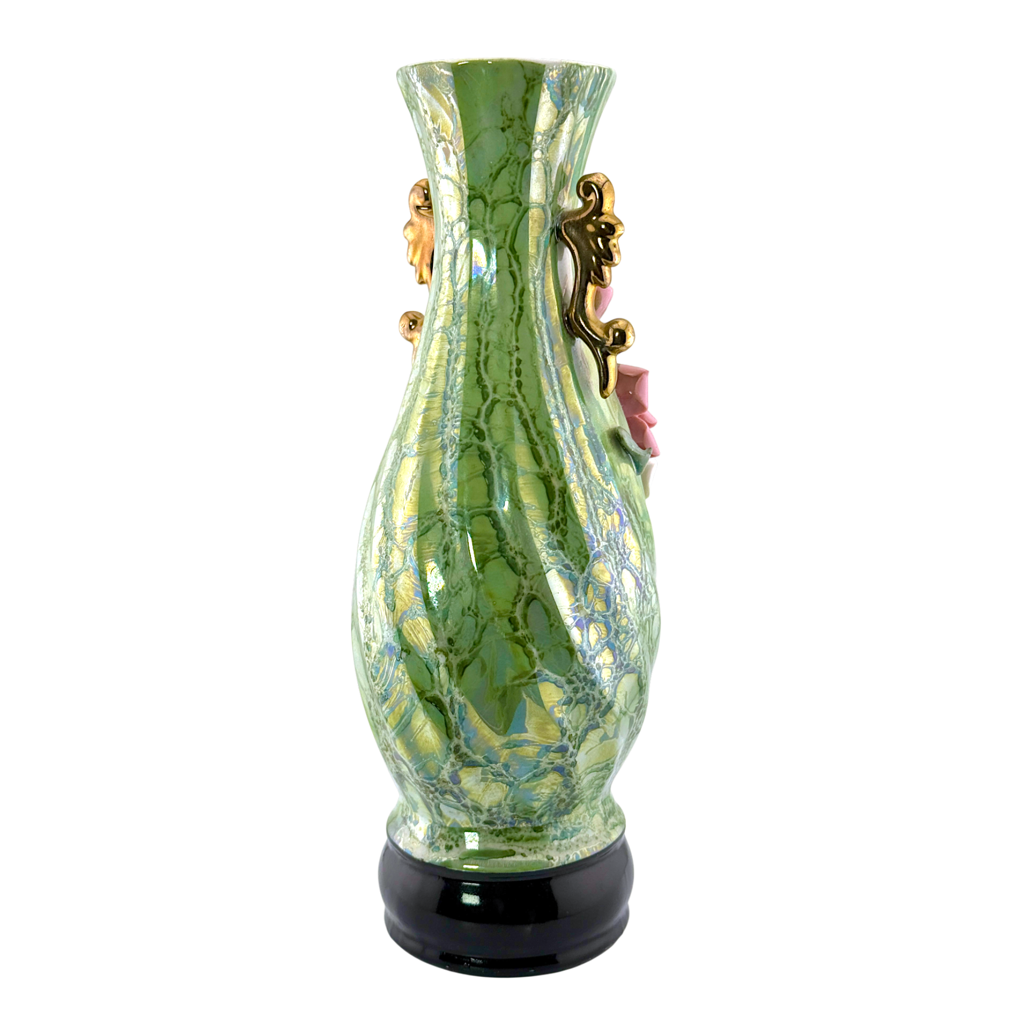 Vintage Green Luster Porcelain Vase with Raised Roses