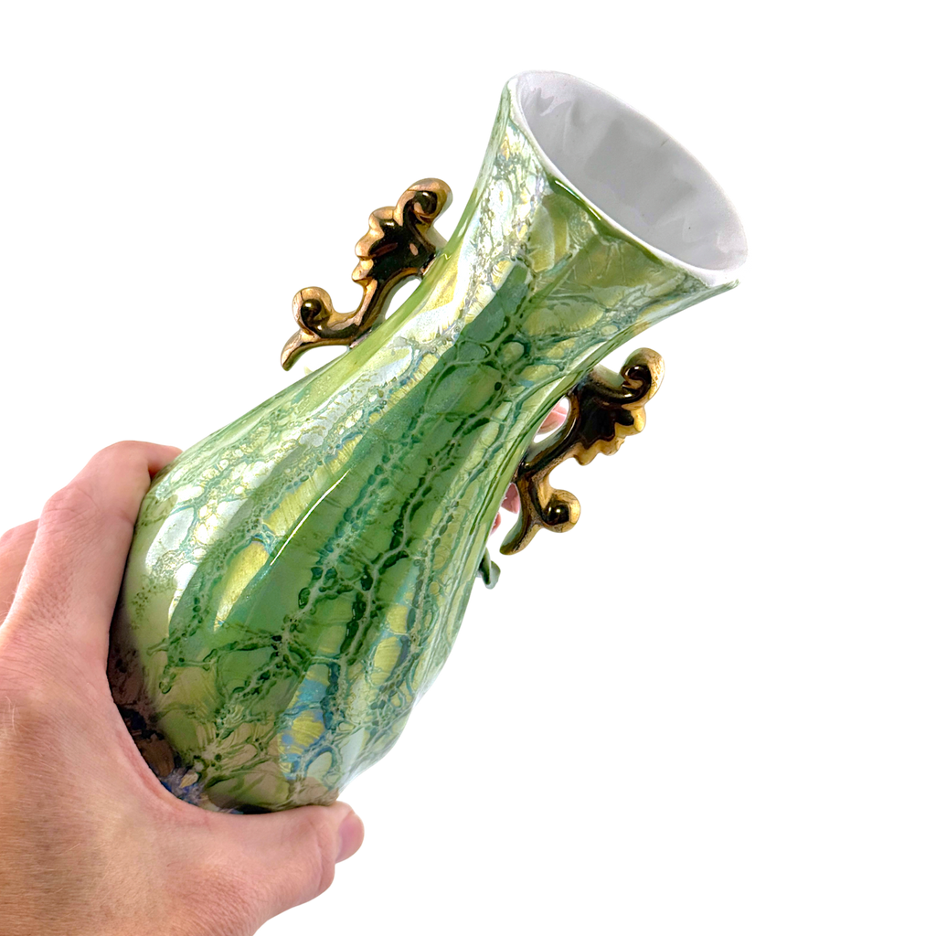 Vintage Green Luster Porcelain Vase with Raised Roses