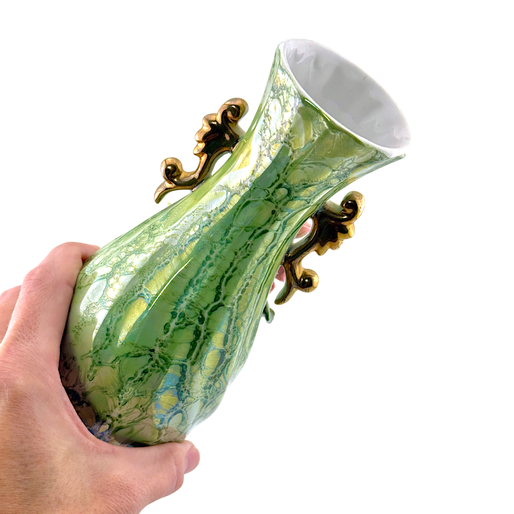 Vintage Green Luster Porcelain Vase with Raised Roses