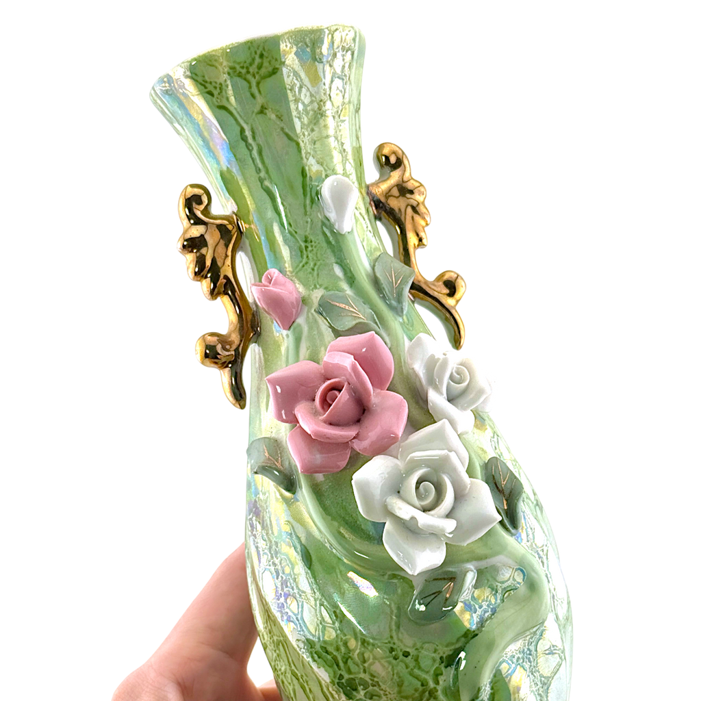 Vintage Green Luster Porcelain Vase with Raised Roses