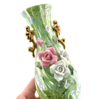 Vintage Green Luster Porcelain Vase with Raised Roses