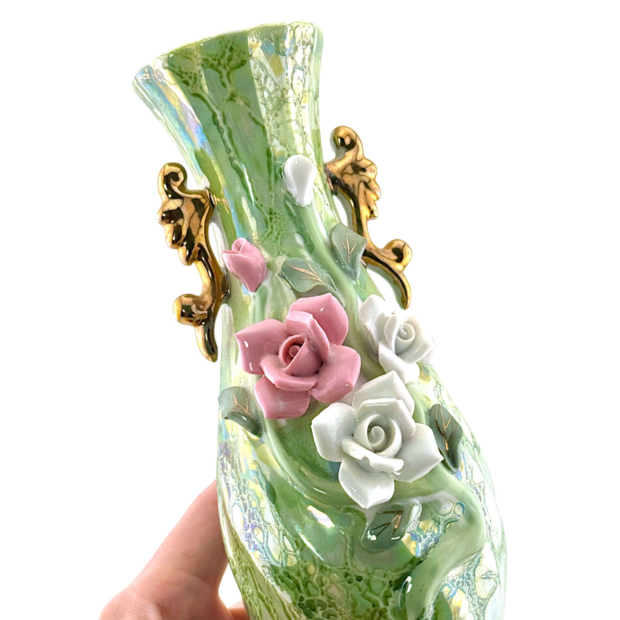 Vintage Green Luster Porcelain Vase with Raised Roses
