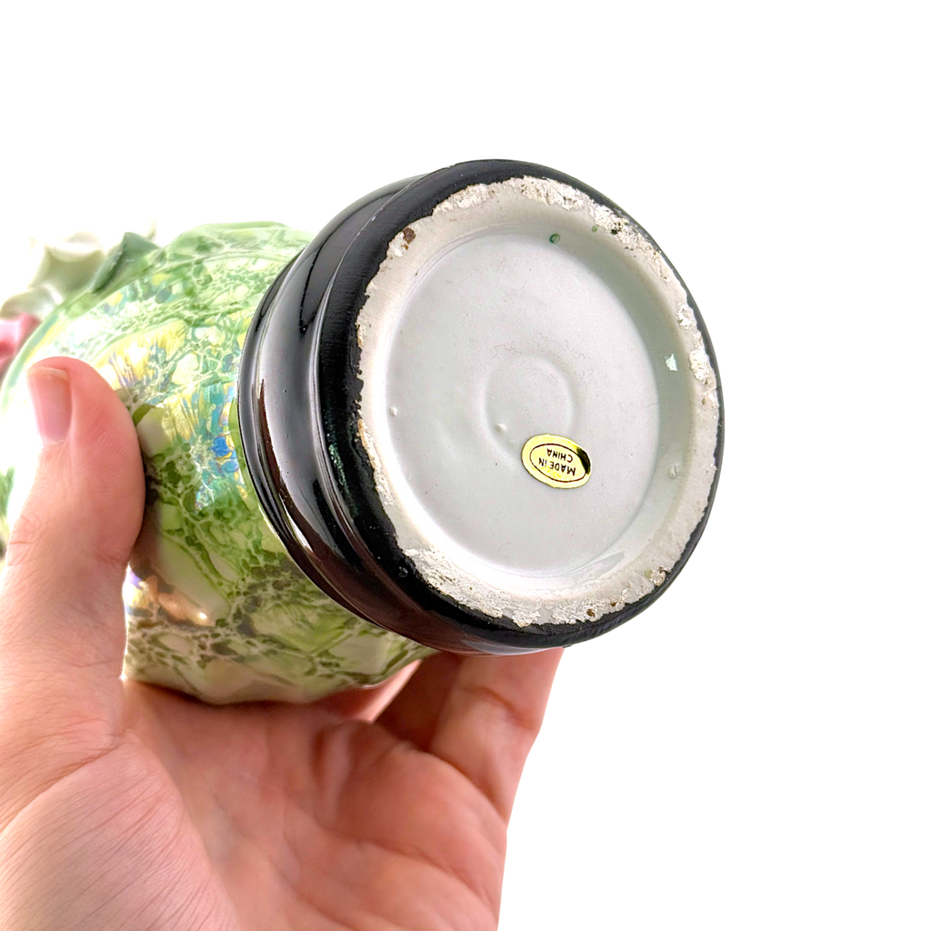 Vintage Green Luster Porcelain Vase with Raised Roses