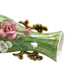 Vintage Green Luster Porcelain Vase with Raised Roses