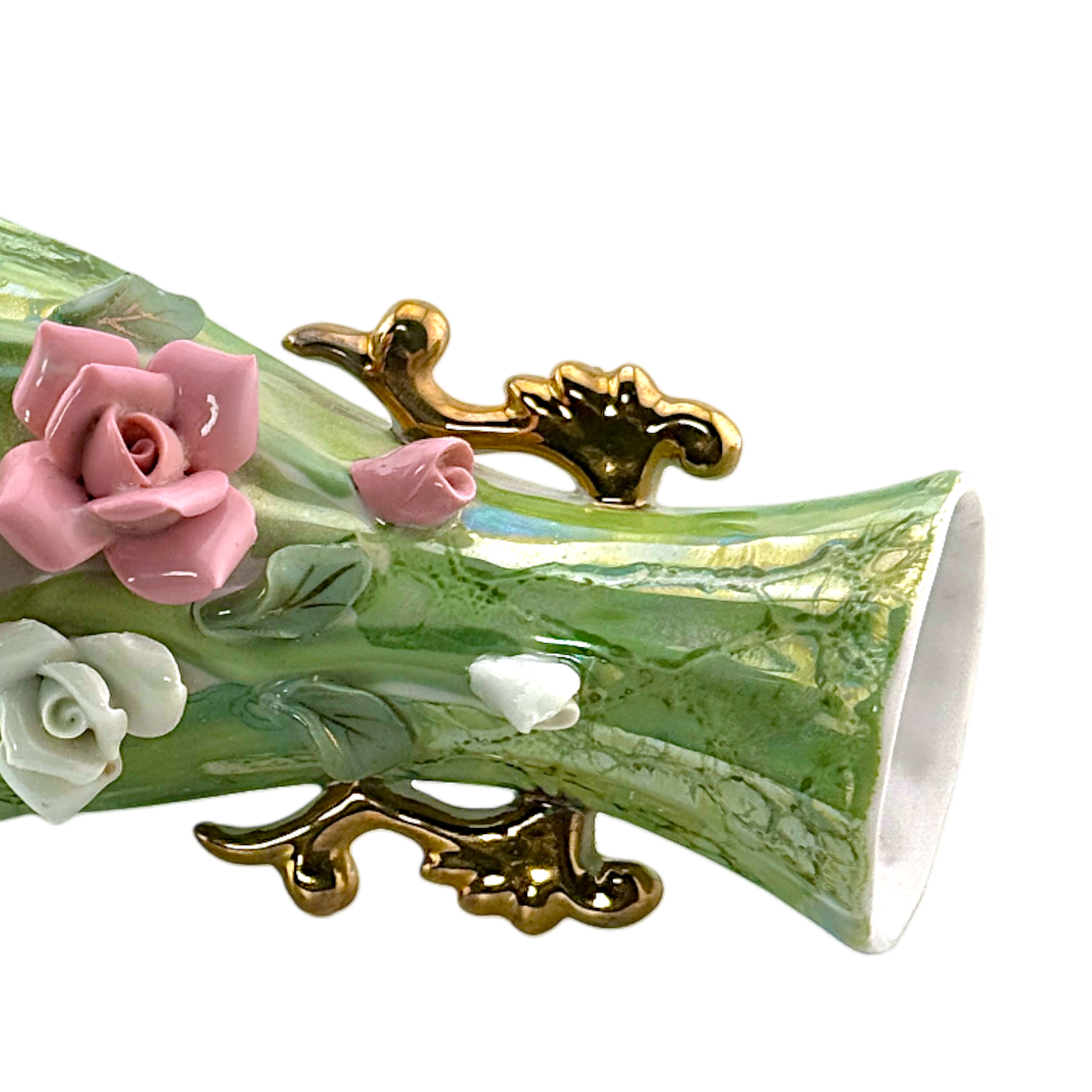 Vintage Green Luster Porcelain Vase with Raised Roses
