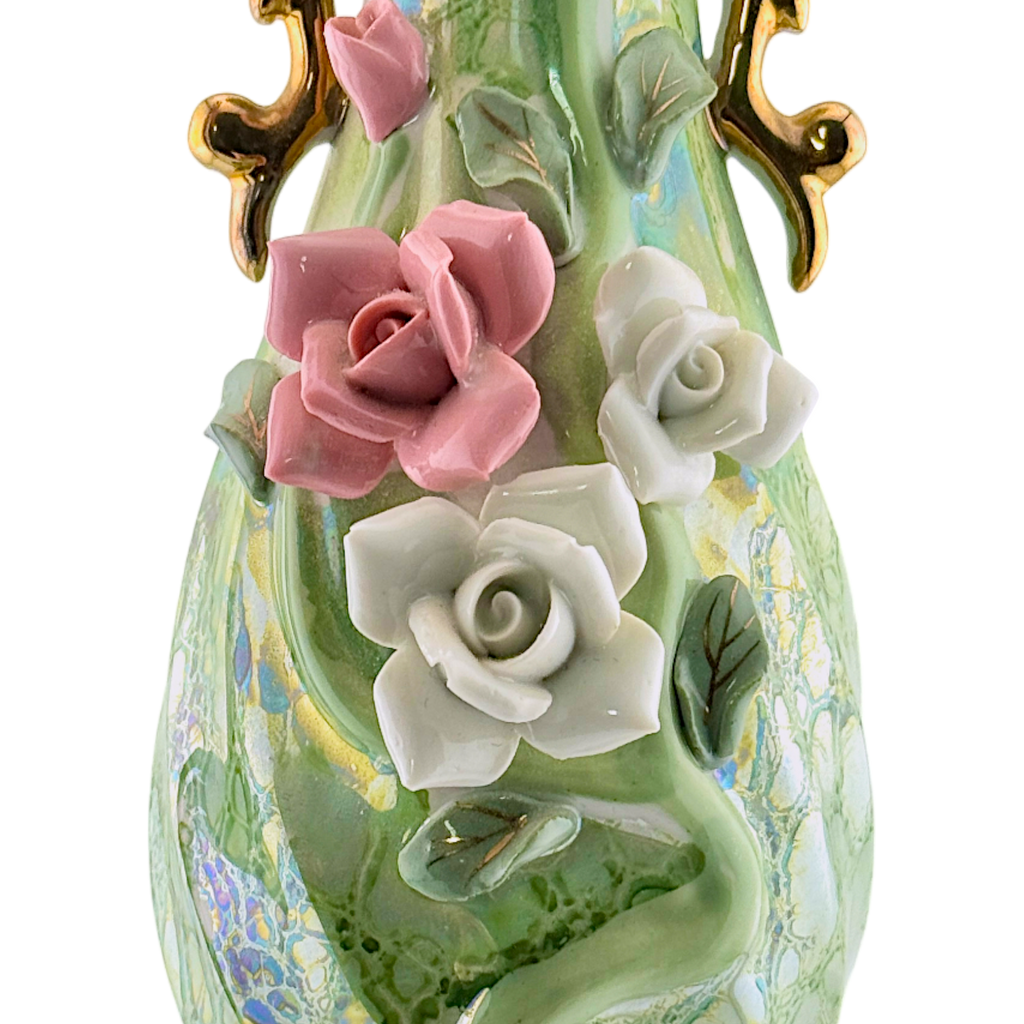 Vintage Green Luster Porcelain Vase with Raised Roses