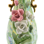 Vintage Green Luster Porcelain Vase with Raised Roses