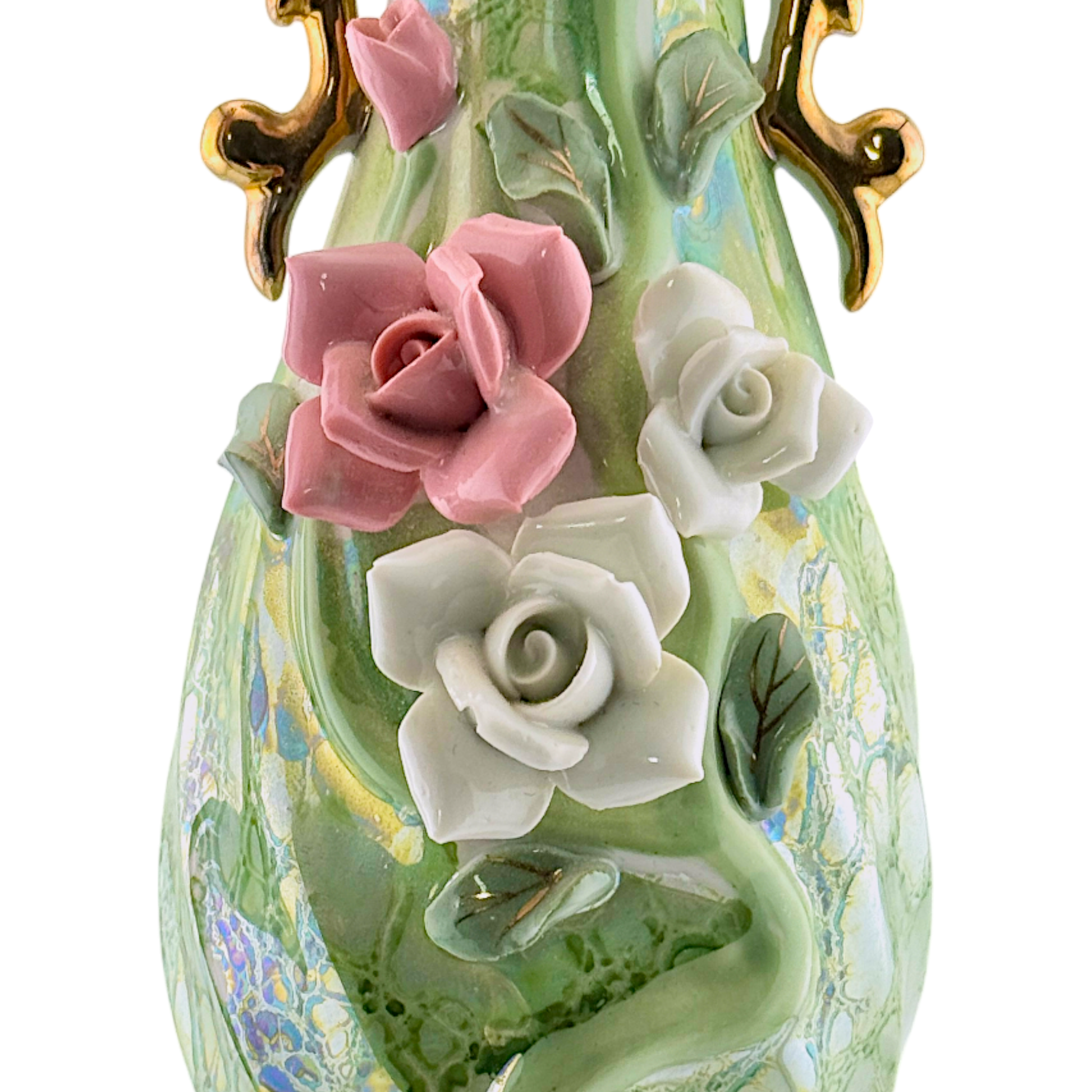 Vintage Green Luster Porcelain Vase with Raised Roses