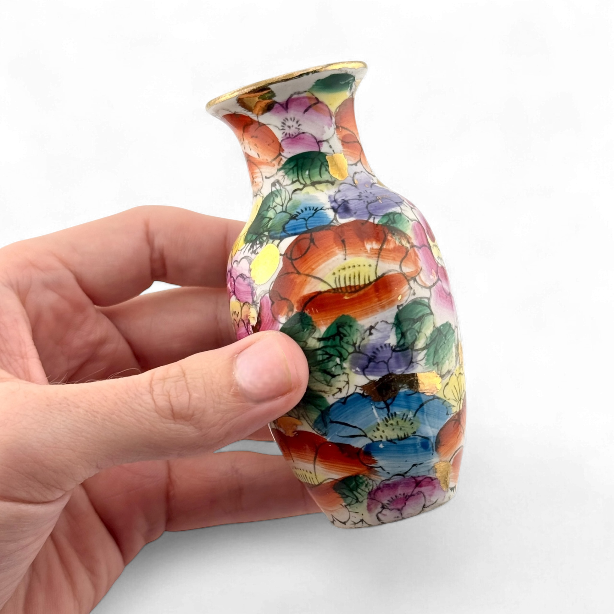 Vintage 1980s Miniature Chinese Hand Painted Porcelain Vase with Gold Rim – 4"