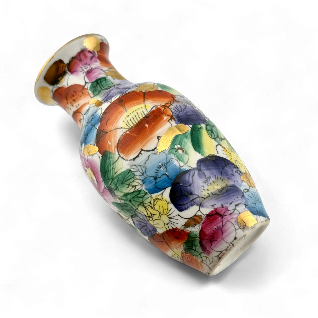 Vintage 1980s Miniature Chinese Hand Painted Porcelain Vase with Gold Rim – 4"