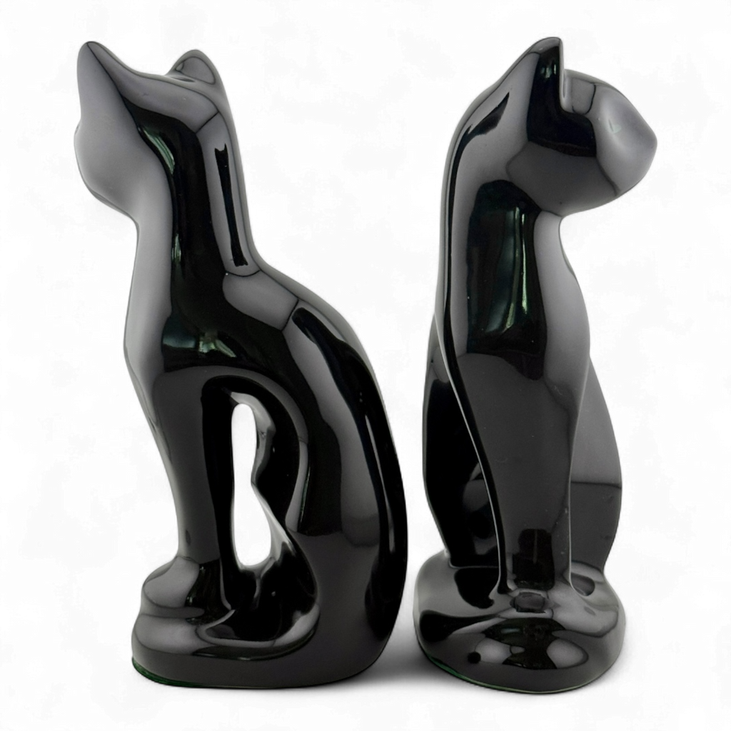 Mid-Century Black Ceramic Cat Figurines – Pair