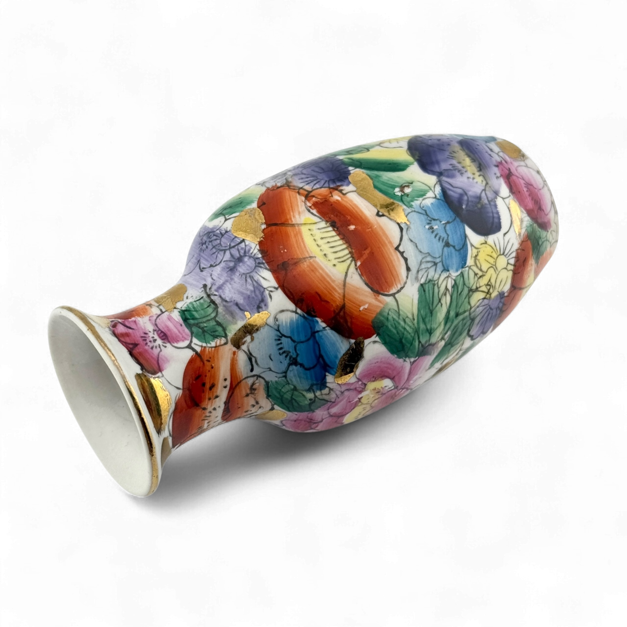 Vintage 1980s Miniature Chinese Hand Painted Porcelain Vase with Gold Rim – 4"