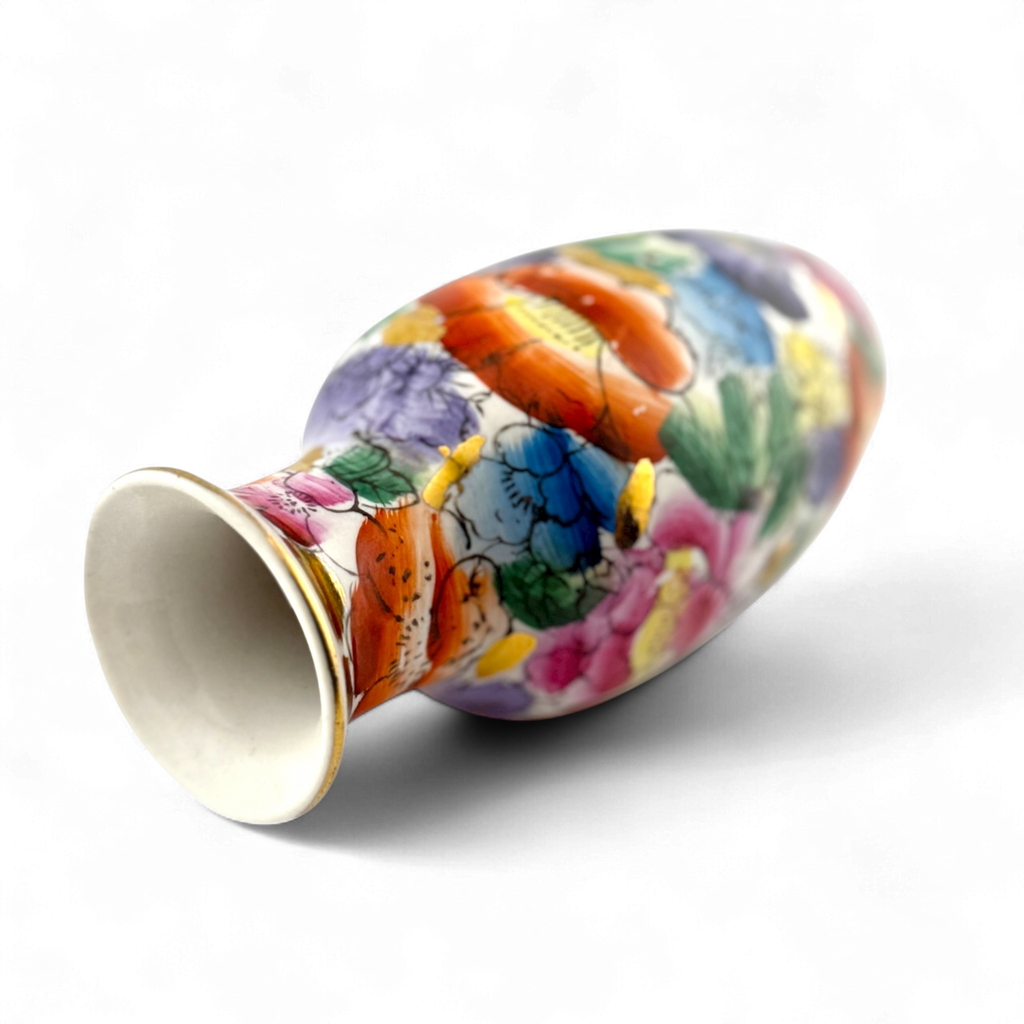 Vintage 1980s Miniature Chinese Hand Painted Porcelain Vase with Gold Rim – 4"