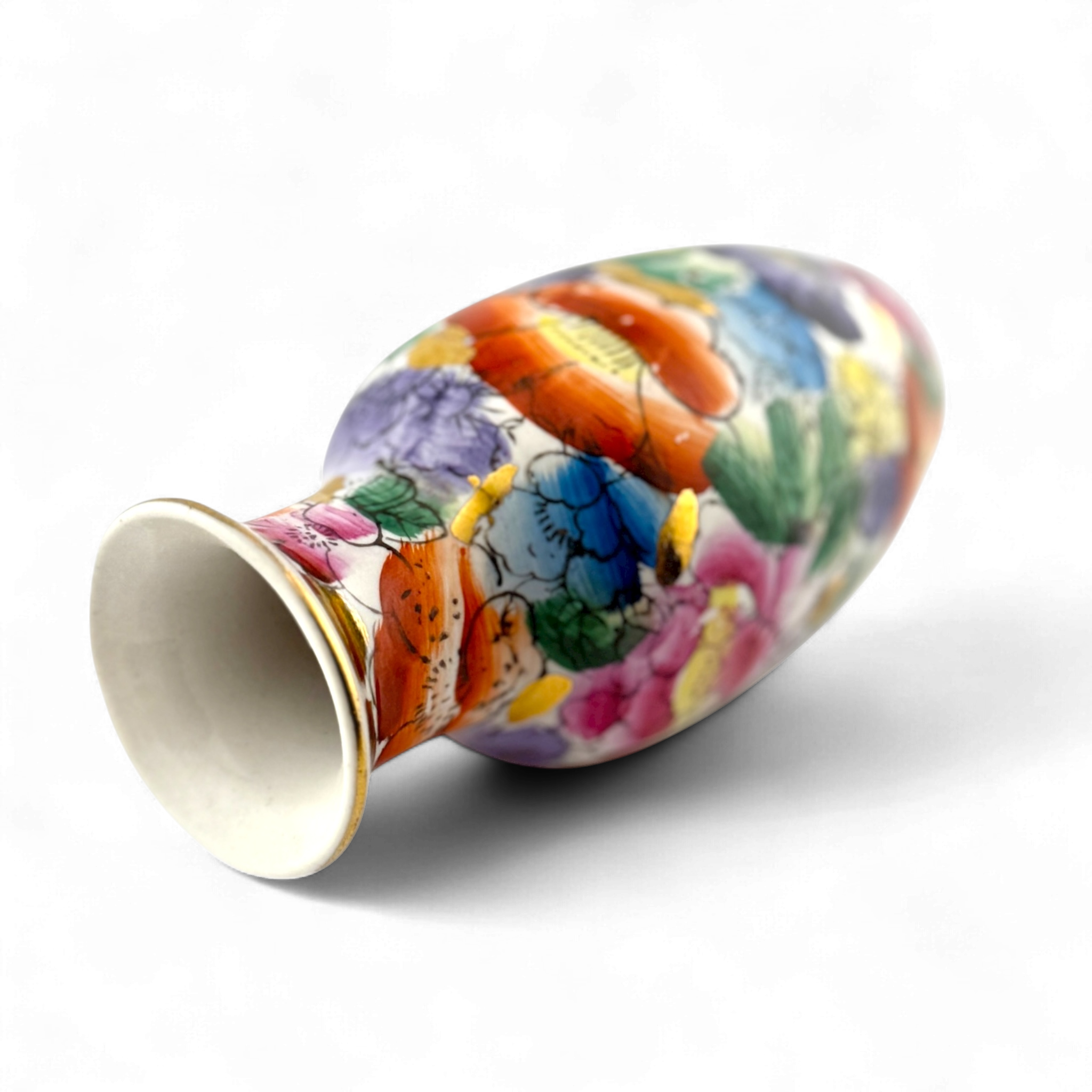 Vintage 1980s Miniature Chinese Hand Painted Porcelain Vase with Gold Rim – 4"