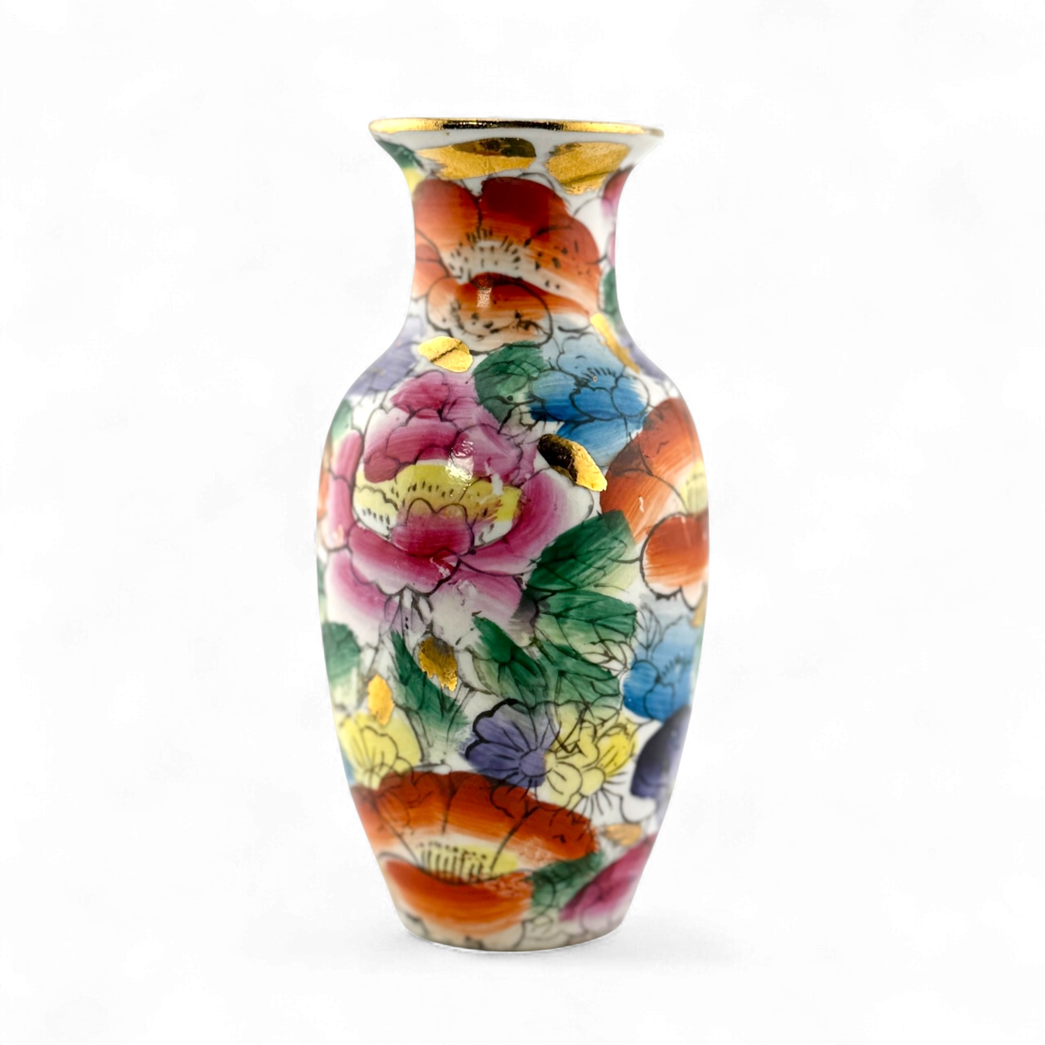 Vintage 1980s Miniature Chinese Hand Painted Porcelain Vase with Gold Rim – 4"