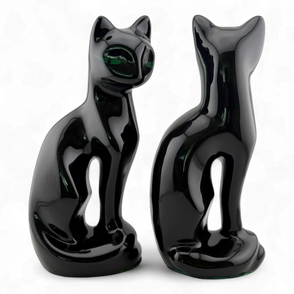 Mid-Century Black Ceramic Cat Figurines – Pair