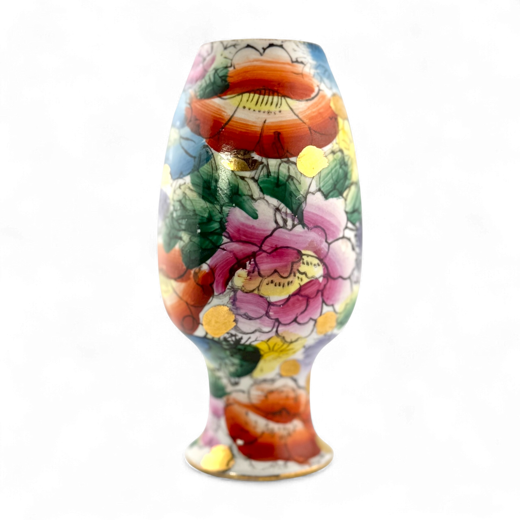 Vintage 1980s Miniature Chinese Hand Painted Porcelain Vase with Gold Rim – 4"