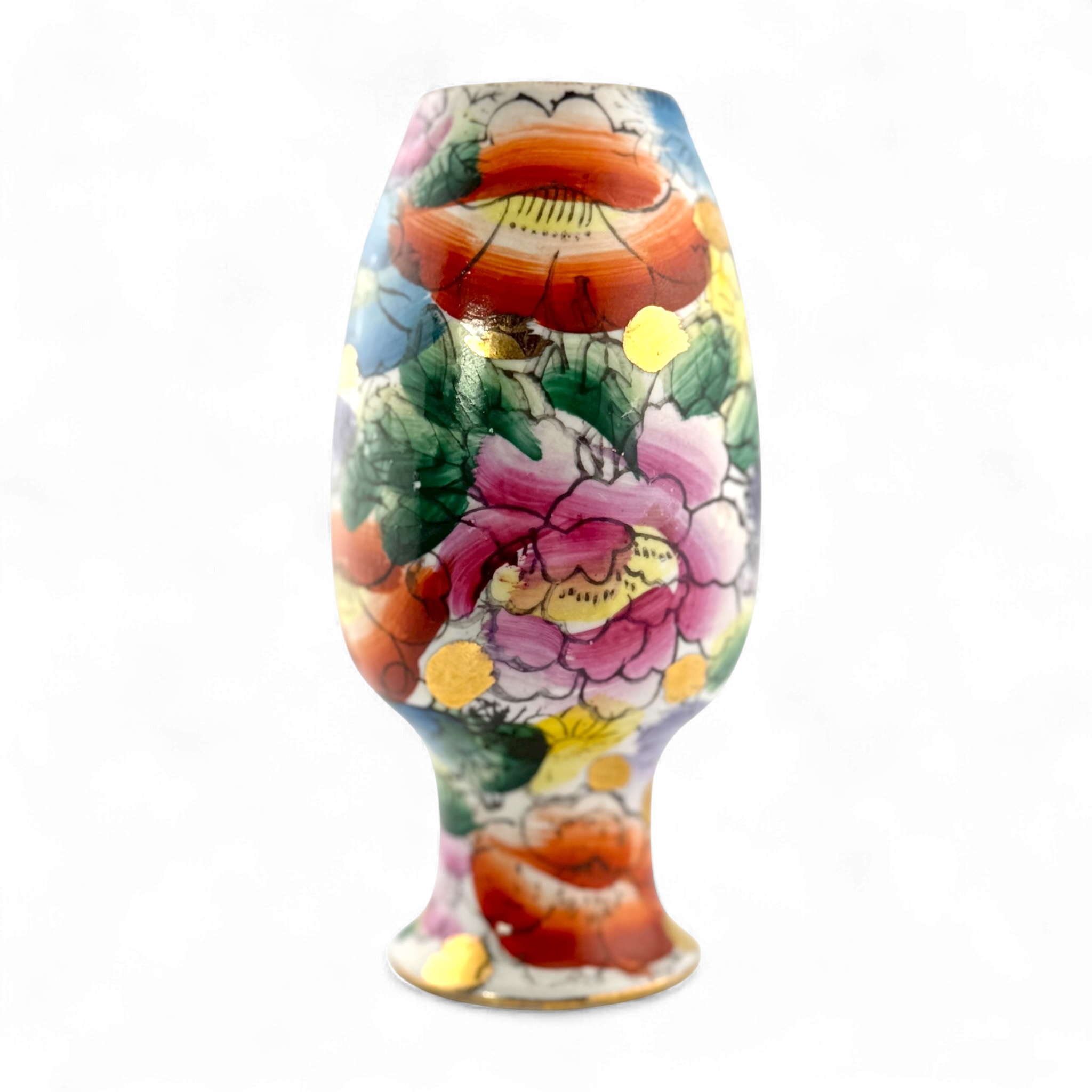 Vintage 1980s Miniature Chinese Hand Painted Porcelain Vase with Gold Rim – 4"