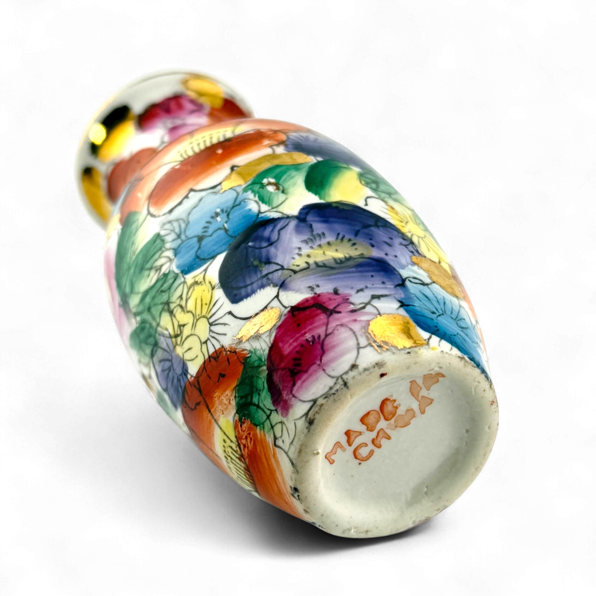 Vintage 1980s Miniature Chinese Hand Painted Porcelain Vase with Gold Rim – 4"