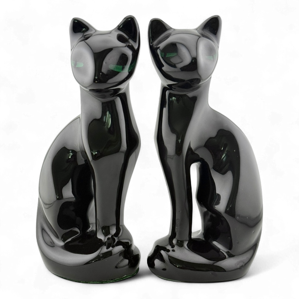 Mid-Century Black Ceramic Cat Figurines – Pair