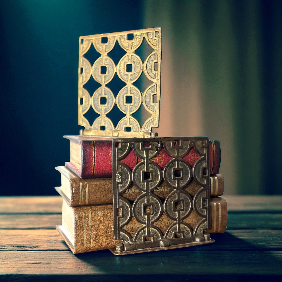 Brass Folding Bookends with Chinese Coin Lattice