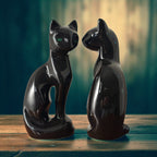 Mid-Century Black Ceramic Cat Figurines – Pair