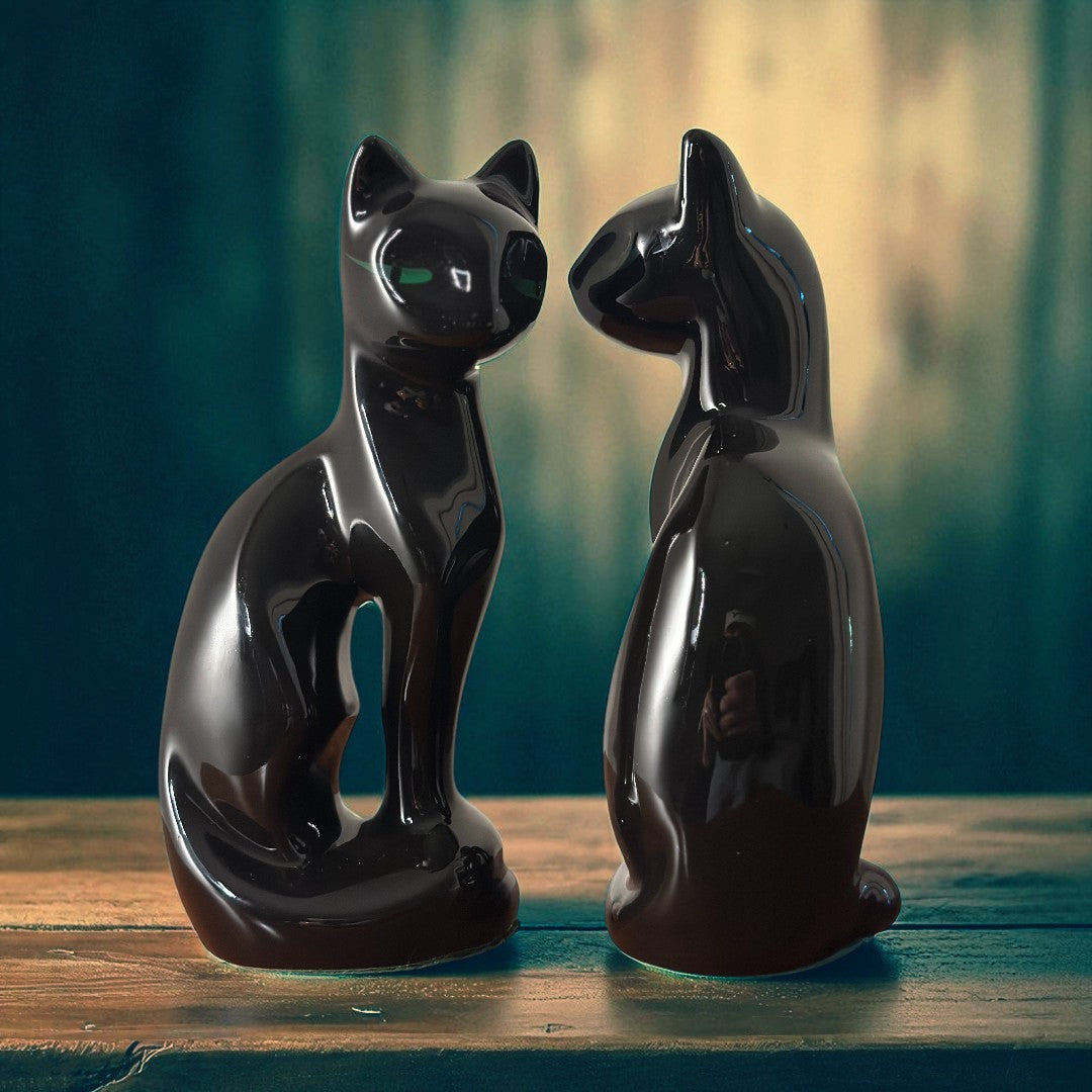 Mid-Century Black Ceramic Cat Figurines – Pair