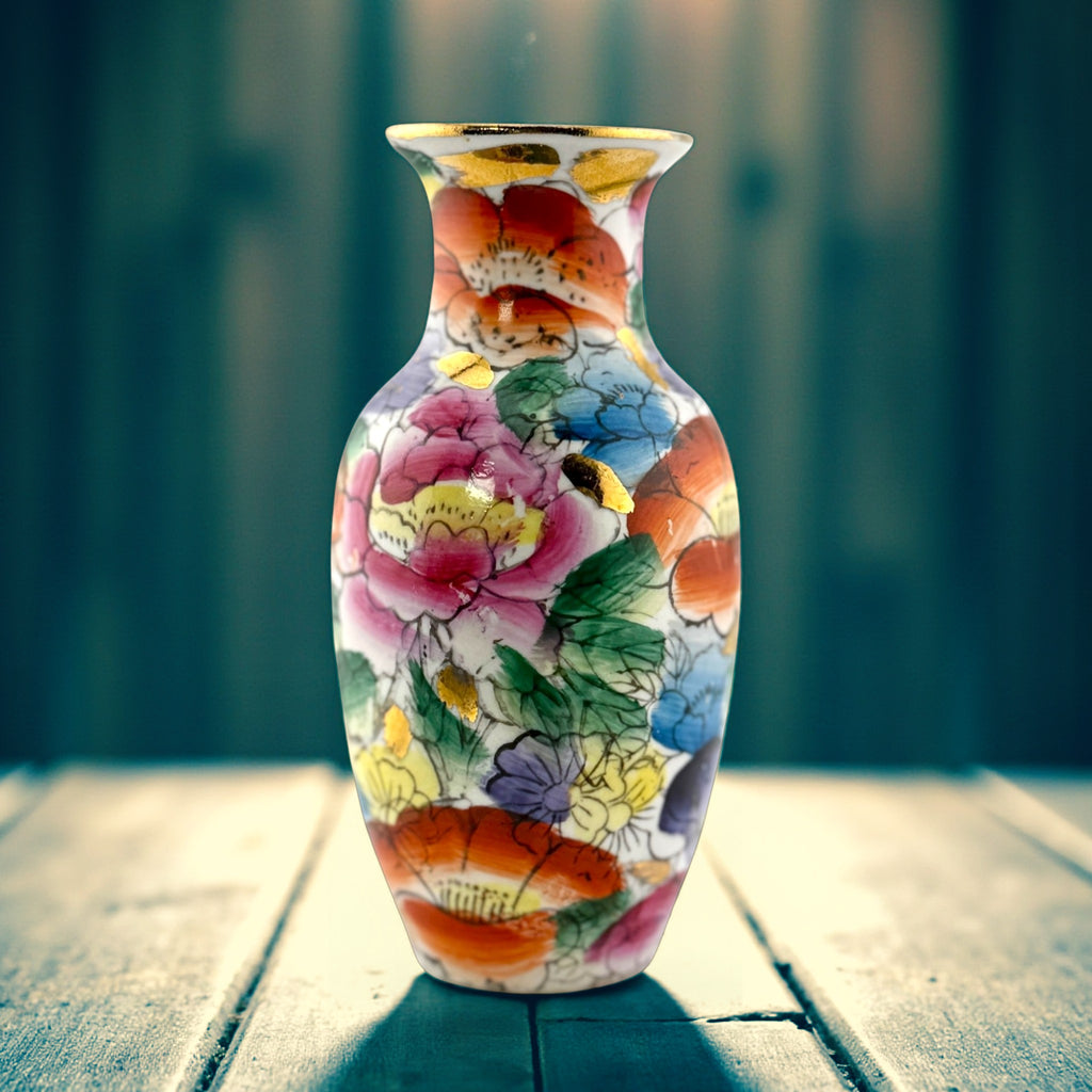 Vintage 1980s Miniature Chinese Hand Painted Porcelain Vase with Gold Rim – 4"